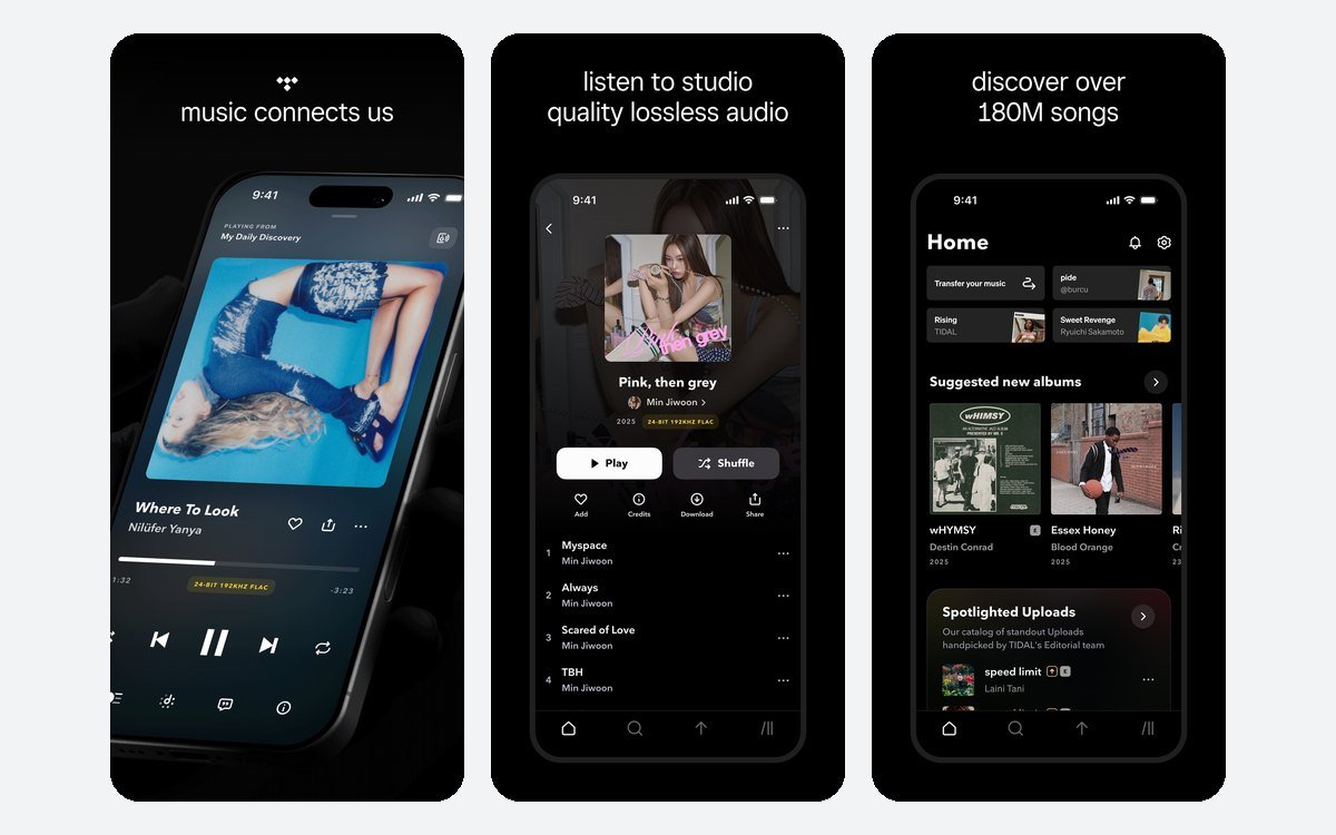 TIDAL iPhone app screens showing the player, lossless playback and the home feed