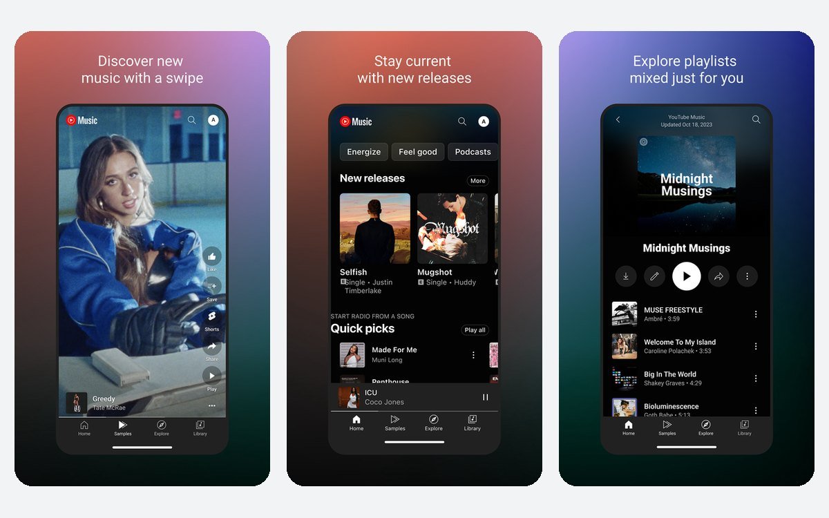 YouTube Music iPhone app screens showing a video, new releases and a mixed playlist