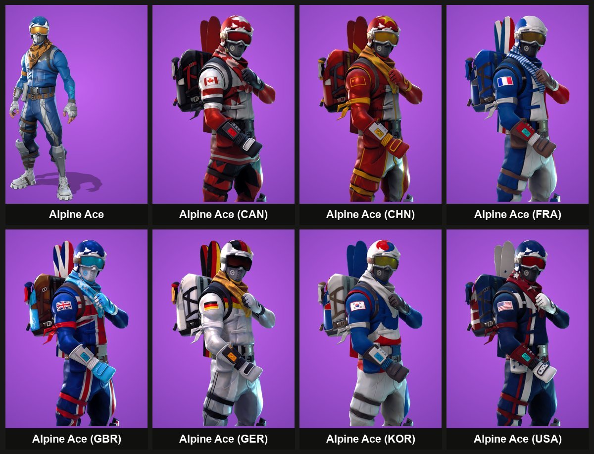 Alpine Ace Fortnite skin and its seven country versions: CAN, CHN, FRA, GBR, GER, KOR and USA