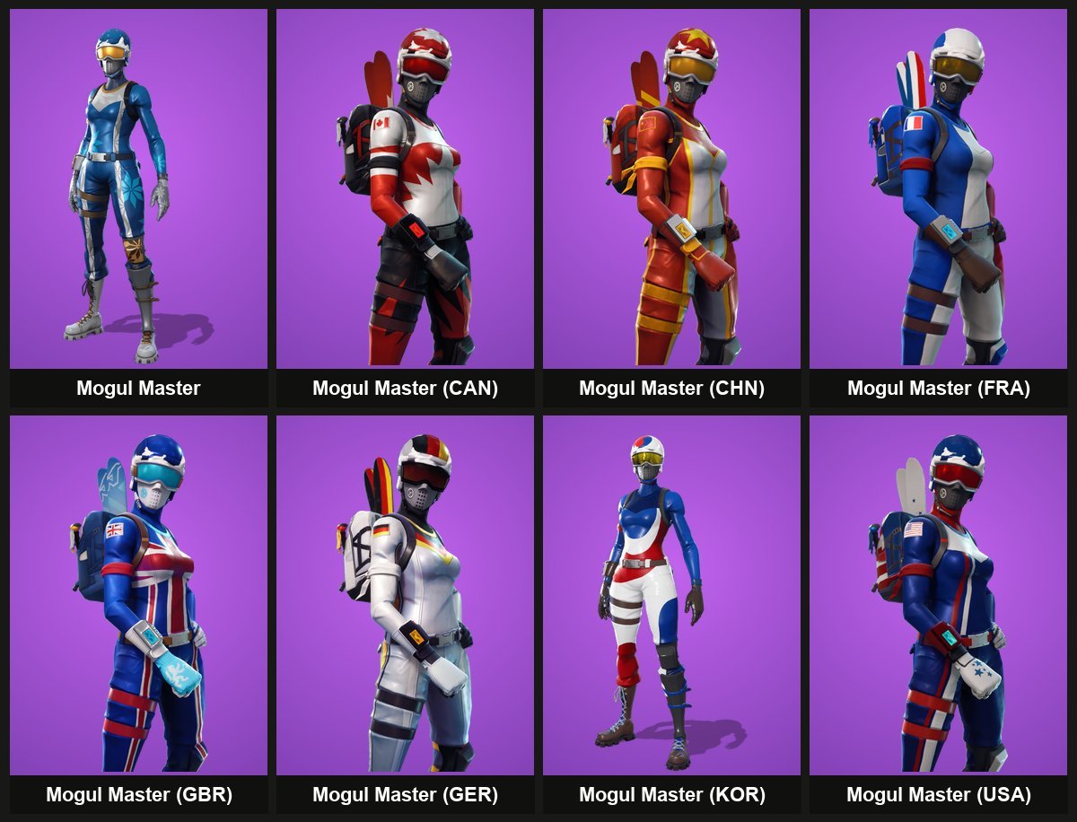 Mogul Master Fortnite skin and its seven country versions: CAN, CHN, FRA, GBR, GER, KOR and USA