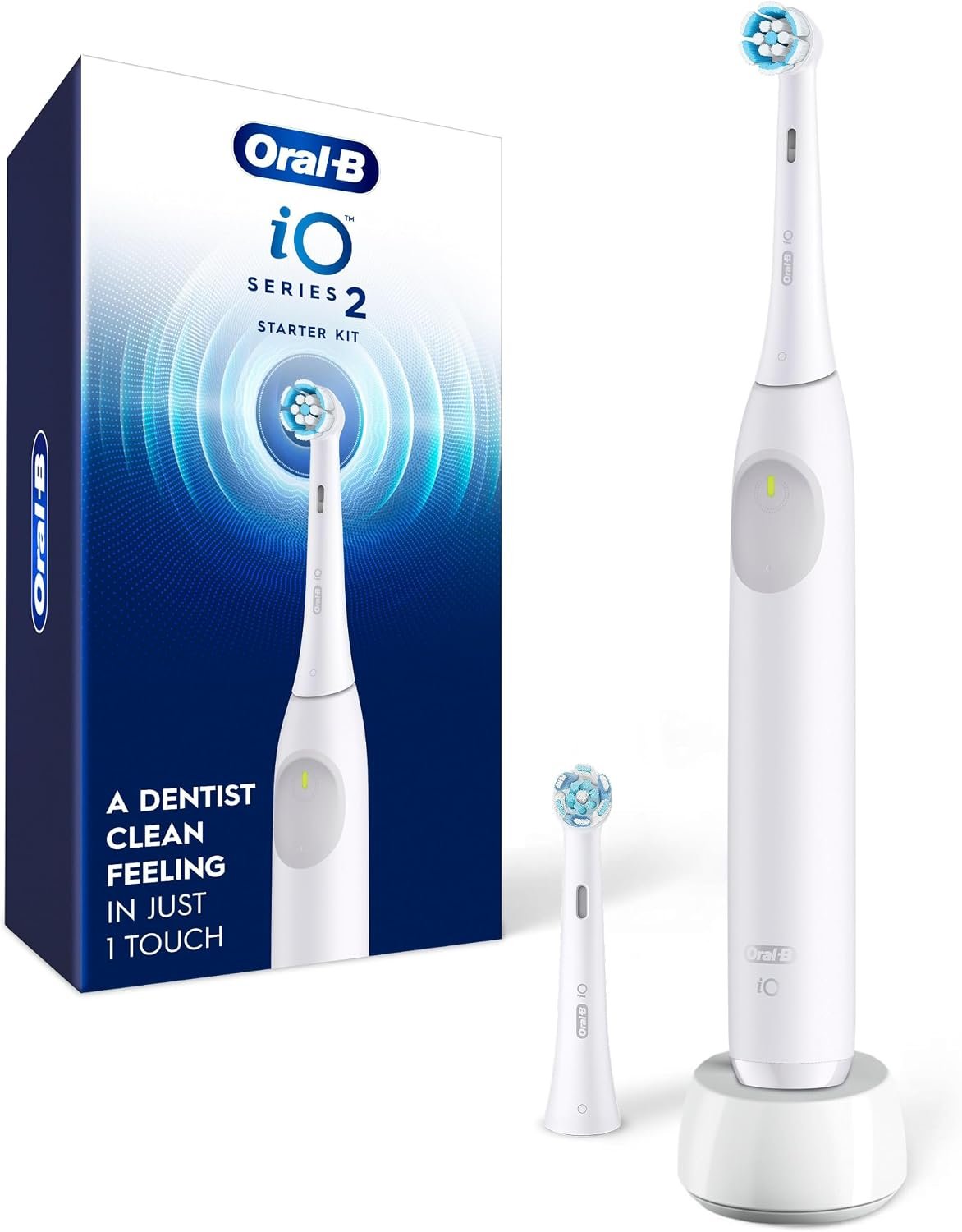 Oral-B iO2 Starter Kit electric toothbrush in pure white with two brush heads