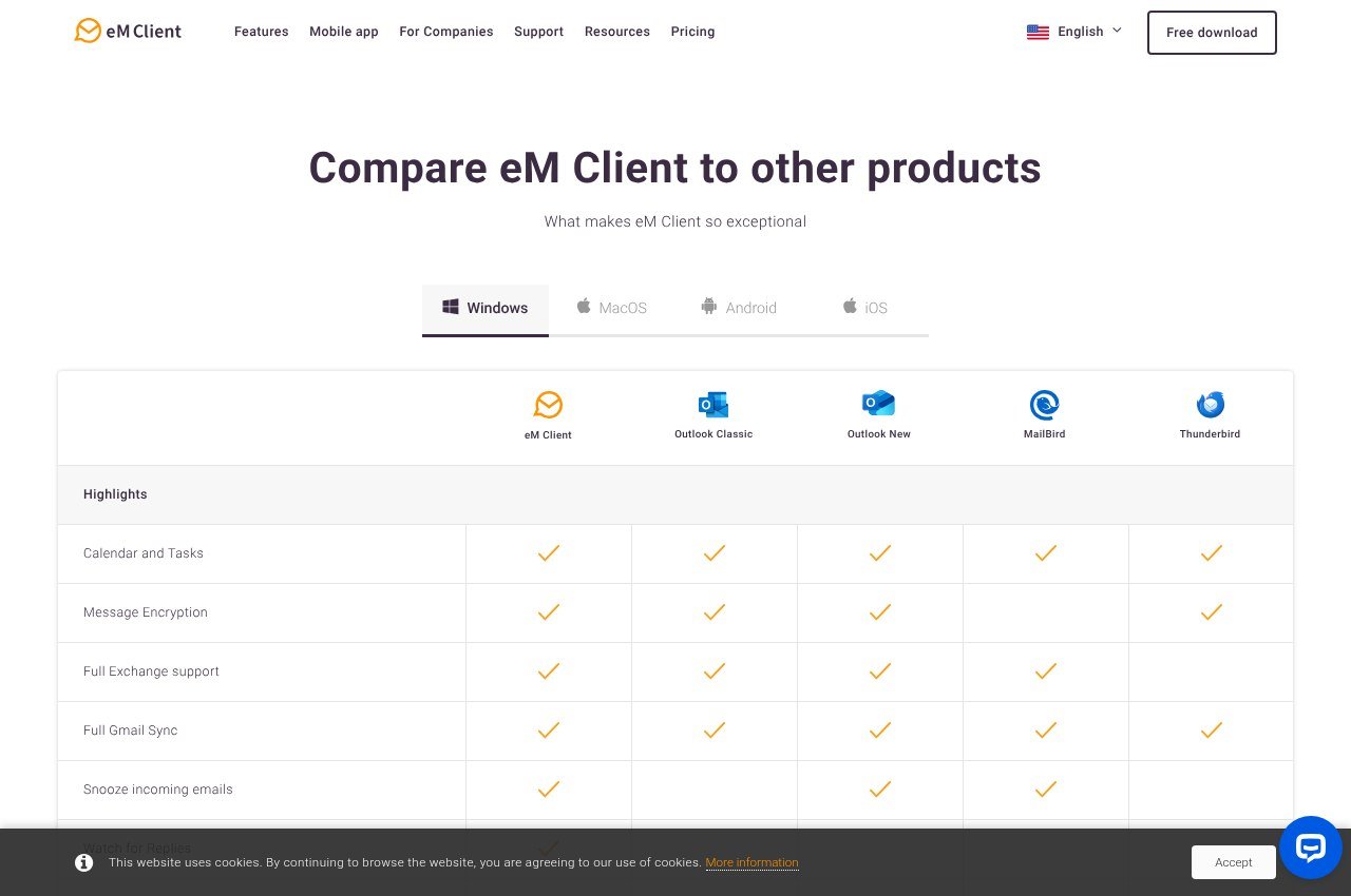 eM Client How We Compare page setting it against Outlook and Thunderbird