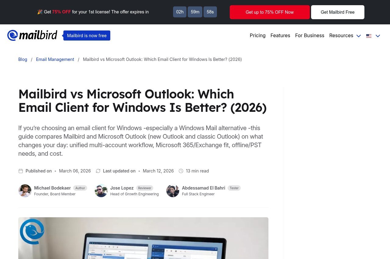 Mailbird comparison page pitting Mailbird against Microsoft Outlook on Windows