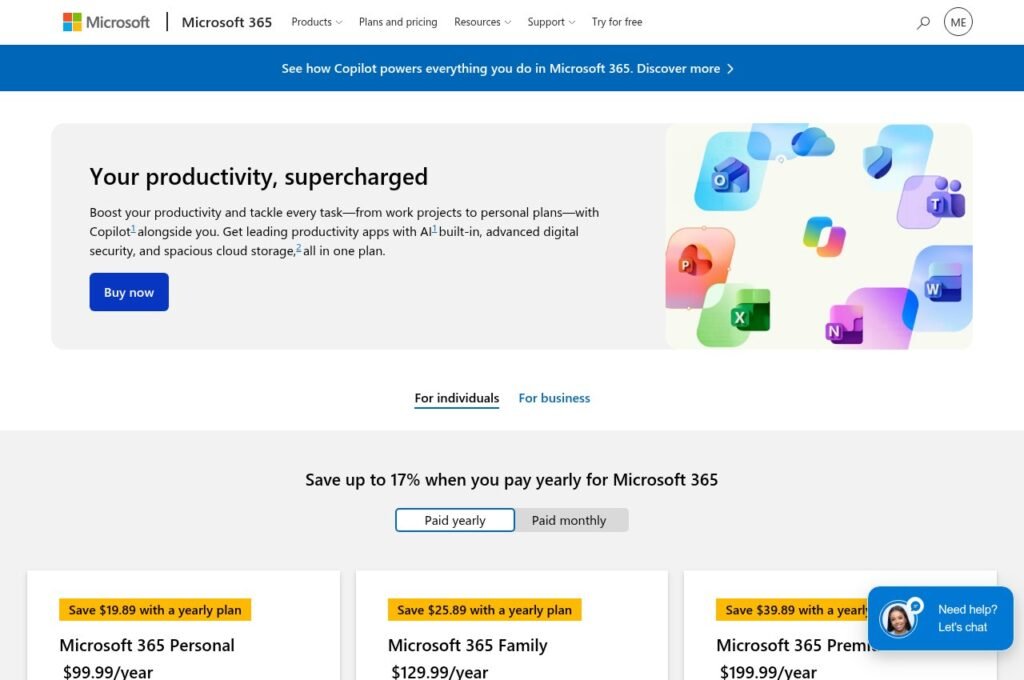 Microsoft 365 plan comparison page showing Personal, Family and Premium pricing