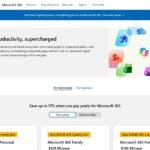 Microsoft 365 plan comparison page showing Personal, Family and Premium pricing