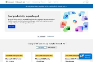 Microsoft 365 plan comparison page showing Personal, Family and Premium pricing