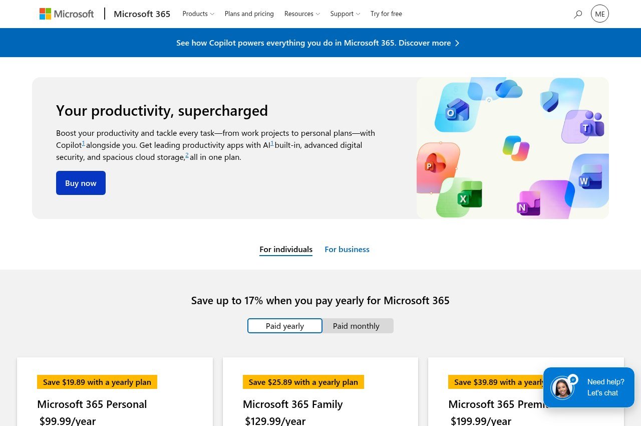 Microsoft 365 plan comparison page showing Personal, Family and Premium pricing