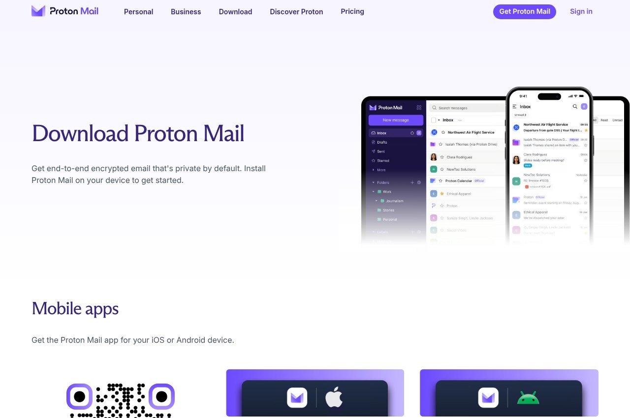 Proton Mail download page listing iOS, Android, Windows, macOS and Linux apps
