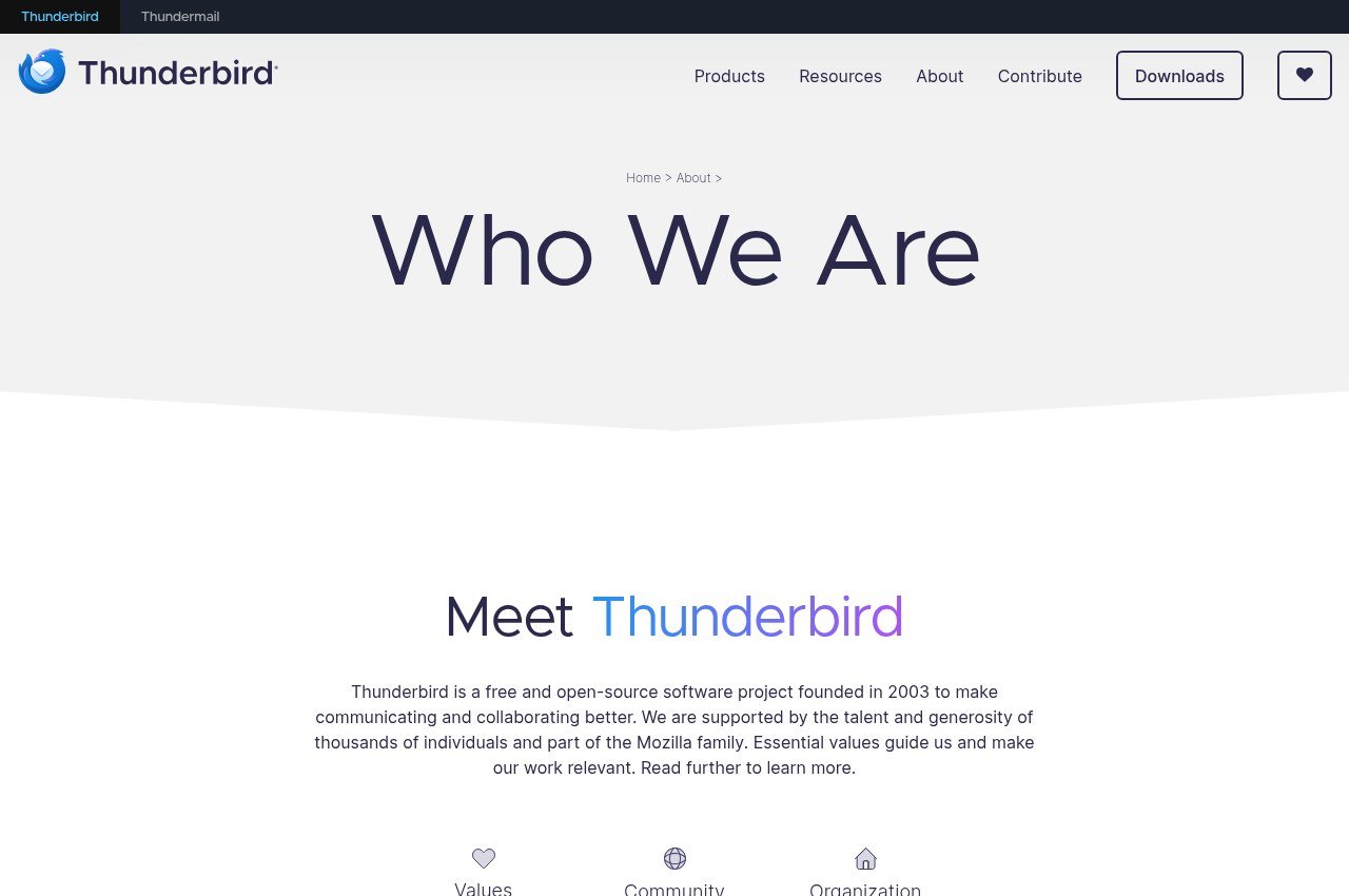 Thunderbird Who We Are page explaining its donation funding and open source model
