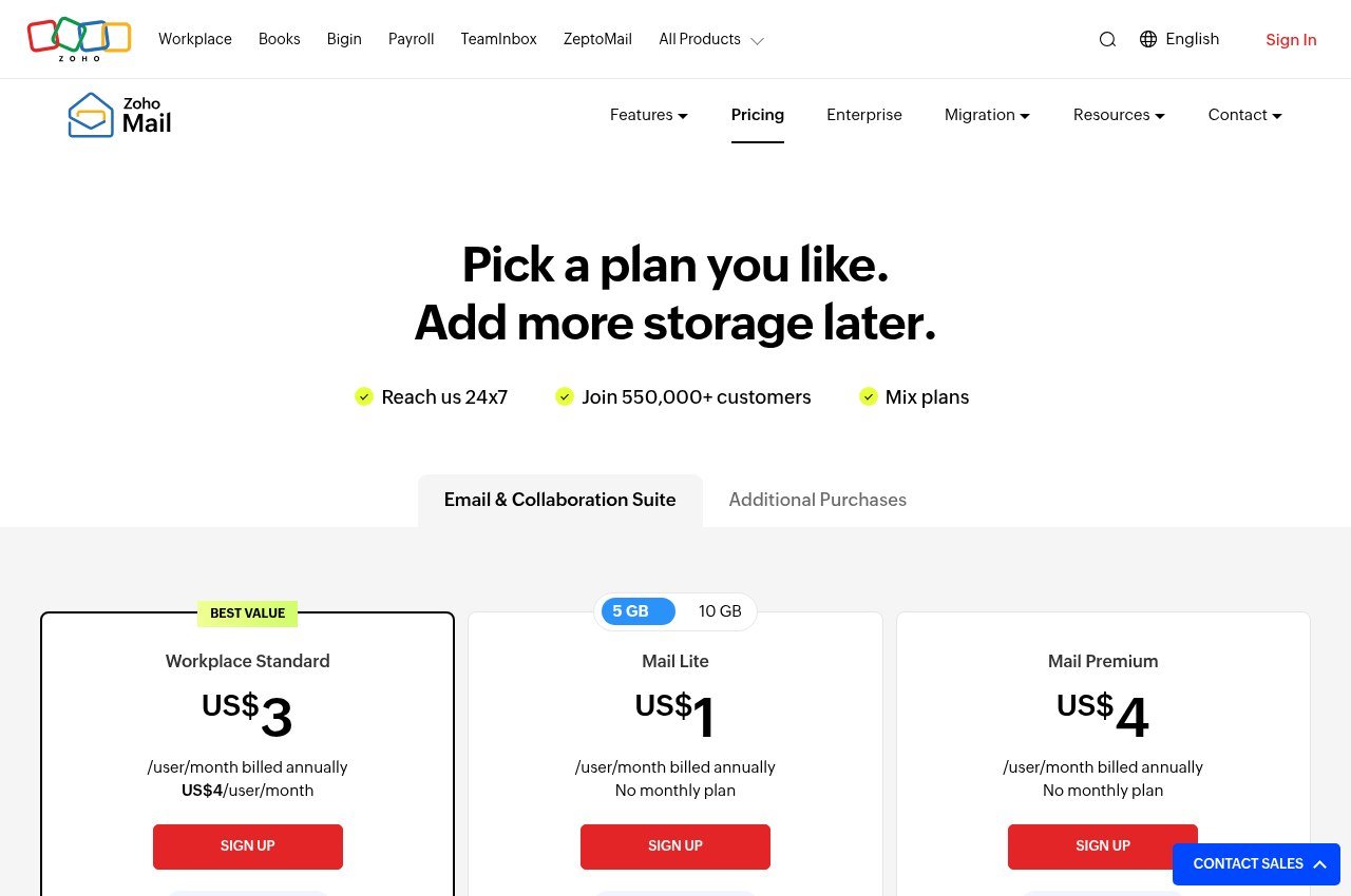 Zoho Mail pricing page showing Mail Lite, Mail Premium and Workplace tiers