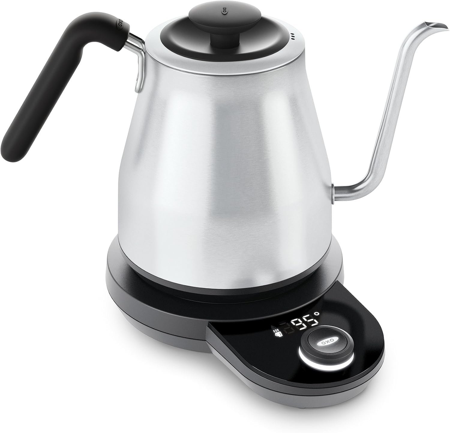 OXO Brew stainless steel gooseneck electric kettle on its base
