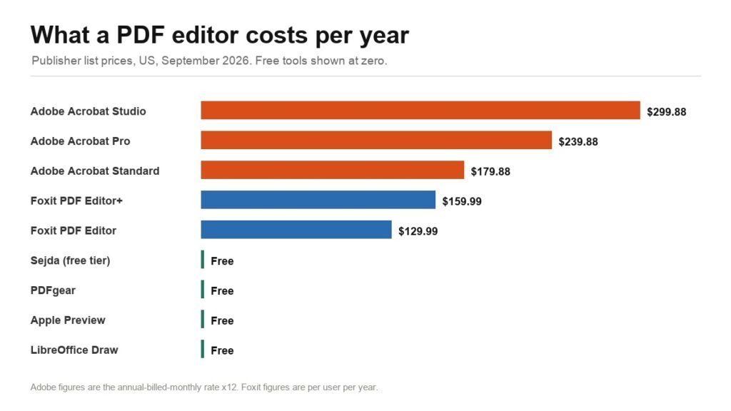 Bar chart comparing the annual cost of Adobe Acrobat, Foxit PDF Editor and free PDF editors