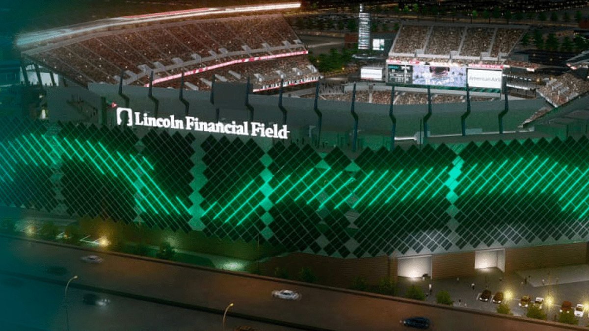 Lincoln Financial Field lit green at night, home of the Philadelphia Eagles