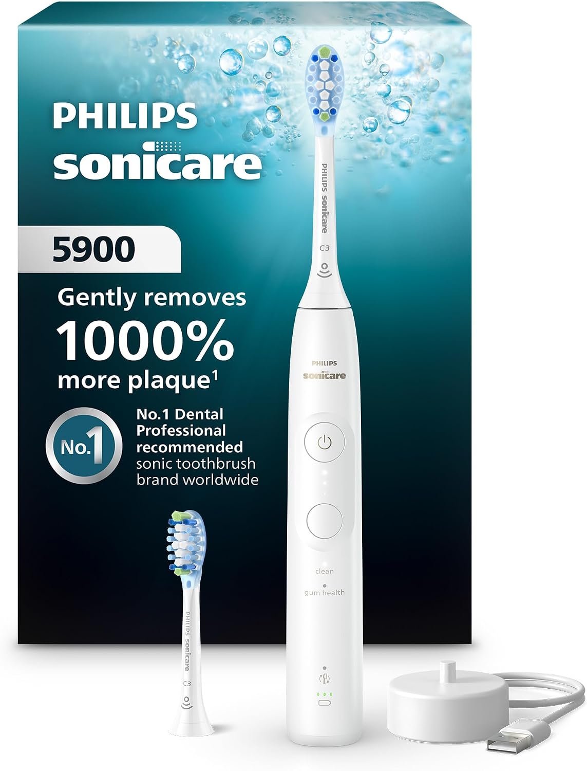 Philips Sonicare 5900 rechargeable electric toothbrush in white with two brush heads