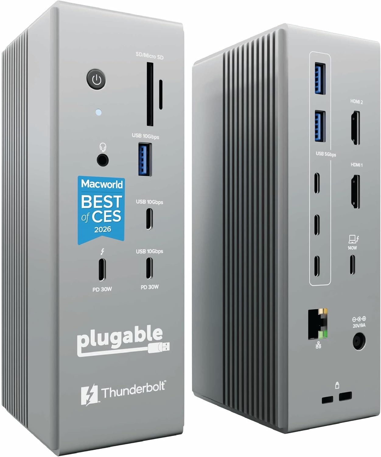 Plugable Thunderbolt 5 Dock in silver, front and rear views showing its two HDMI ports