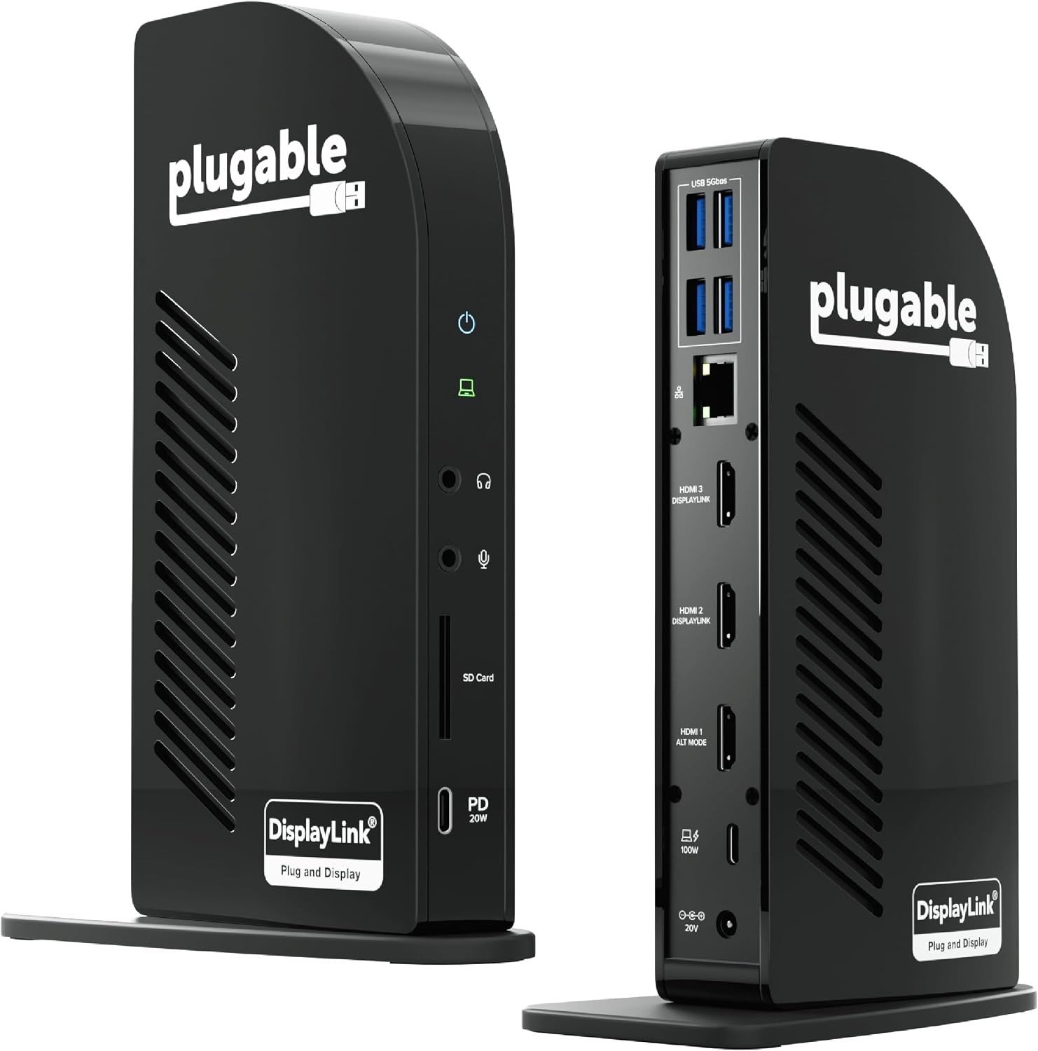 Plugable USB-C Triple Monitor Docking Station in black standing upright, front and rear views