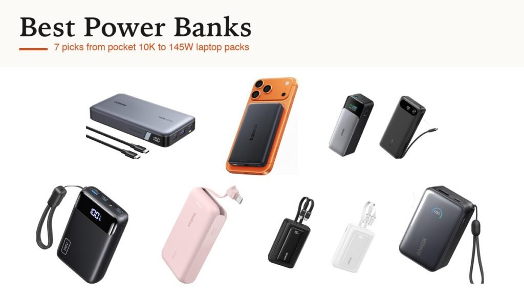 Best power banks lineup: Anker, UGREEN, Baseus, Belkin and INIU power banks on a white background