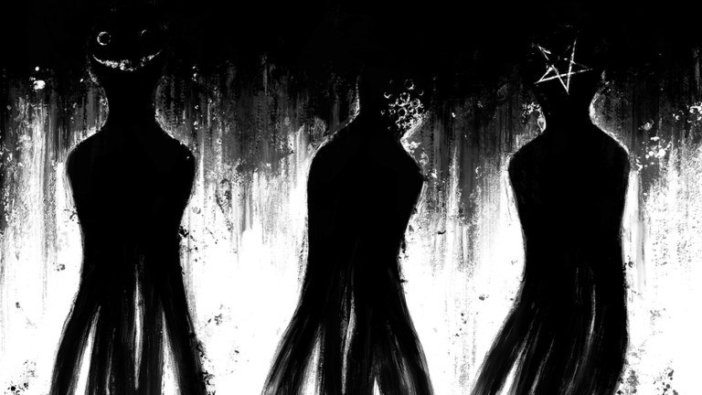 Pressure artwork showing three dark humanoid silhouettes against a white background