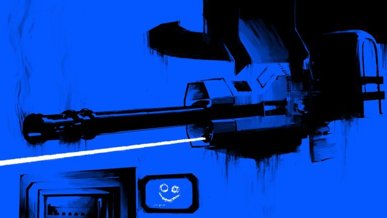 Pressure artwork of a blue lit turret with a smiling face marking below it