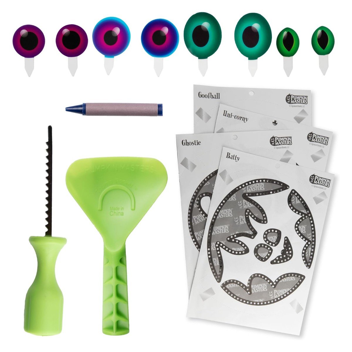Pumpkin Masters kids pumpkin carving kit with safety saw, scoop, crayon and eye inserts