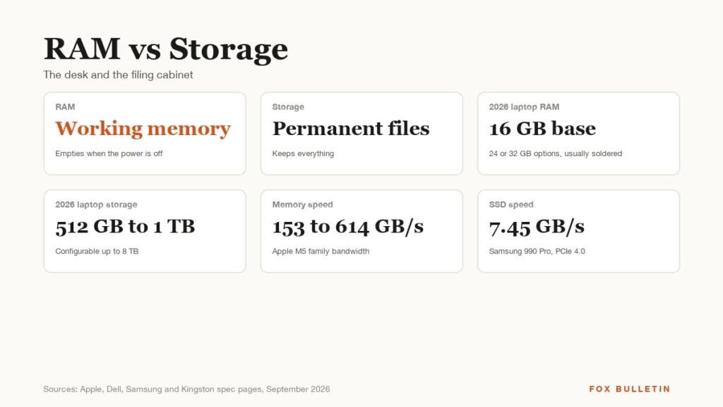 RAM vs Storage: What Each One Does and How Much You Need graphic with the headline and key figures