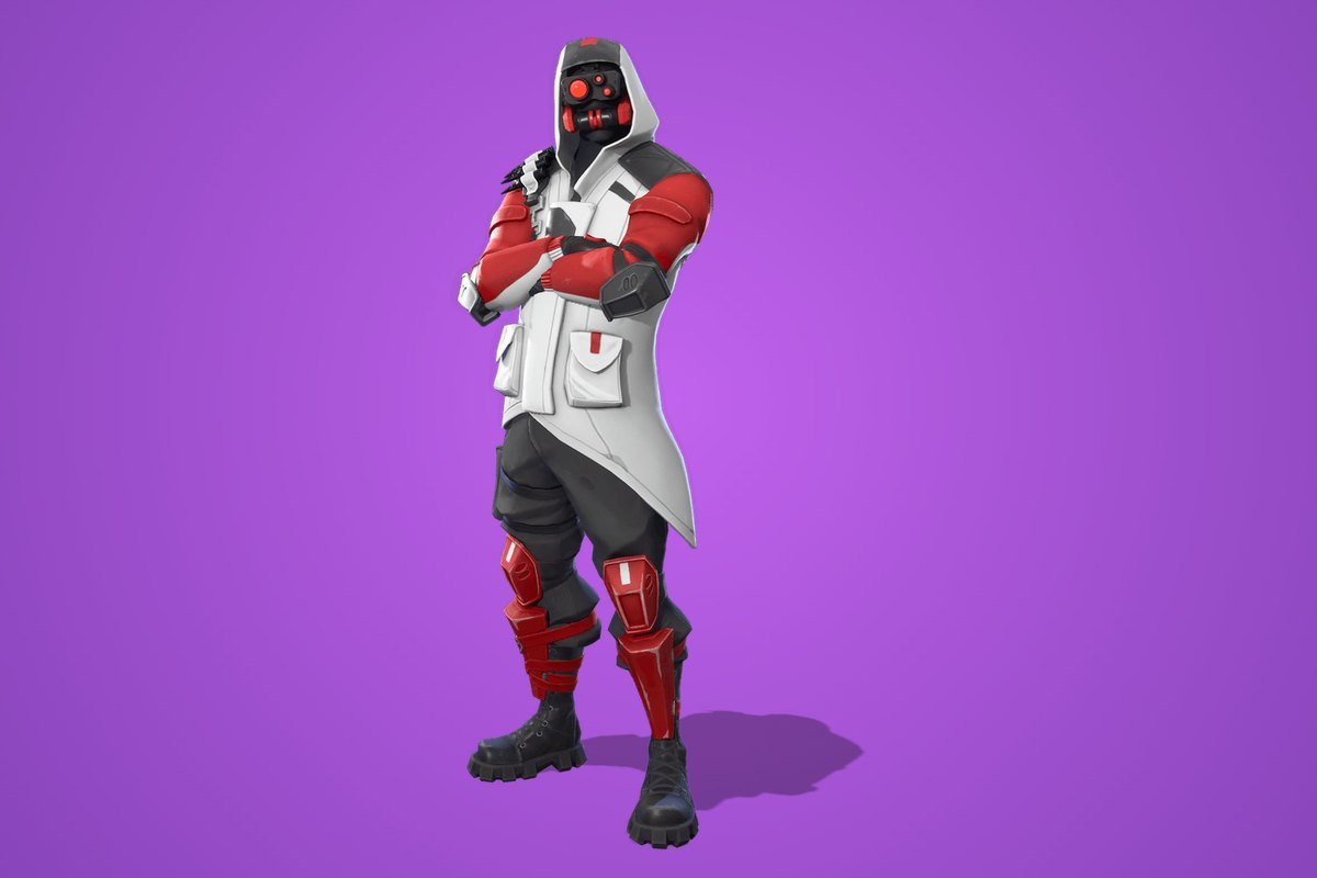 Double Helix Fortnite skin with a white hooded jacket, red trim and a black mask