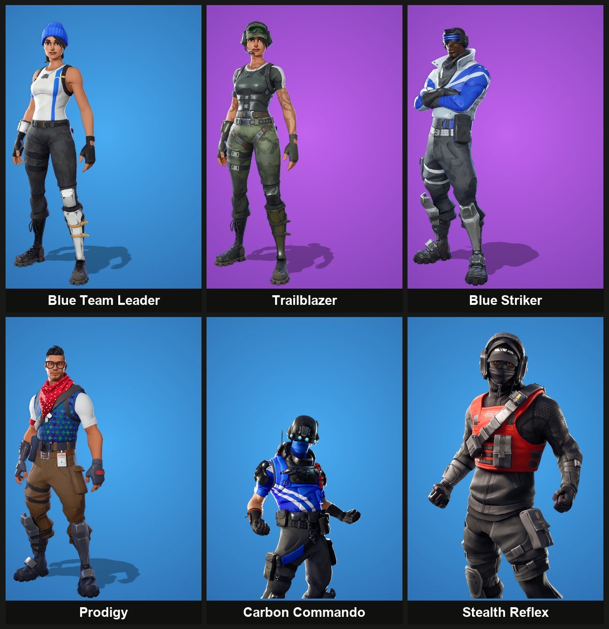 Six promotional Fortnite skins: Blue Team Leader, Trailblazer, Blue Striker, Prodigy, Carbon Commando and Stealth Reflex