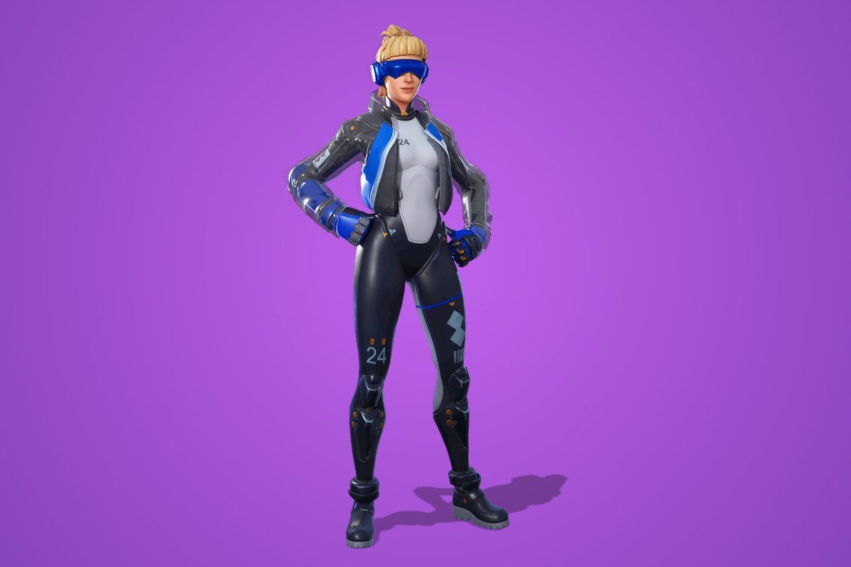 Neo Versa Fortnite skin in a black and white suit with a blue visor