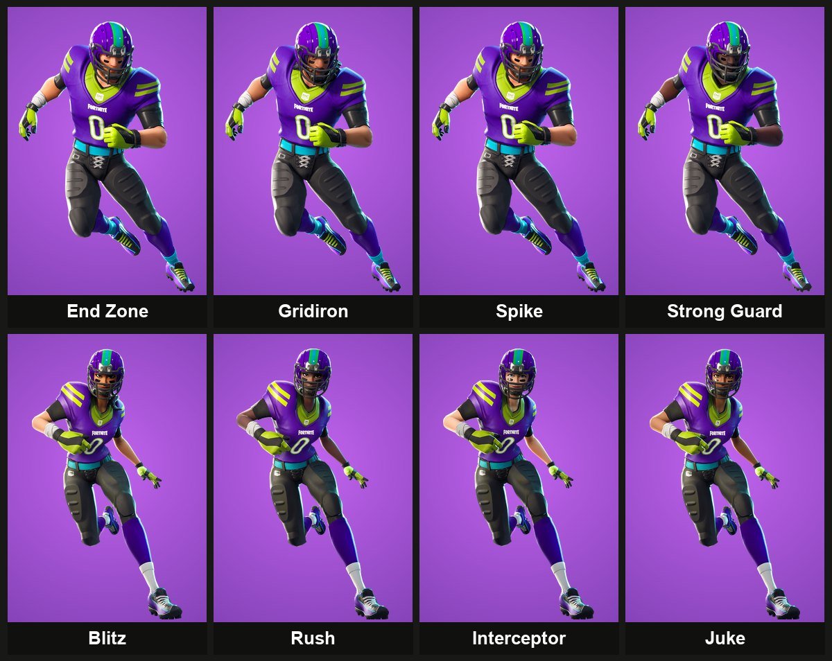 The eight NFL outfits from the Fourth Down set: End Zone, Gridiron, Spike, Strong Guard, Blitz, Rush, Interceptor and Juke