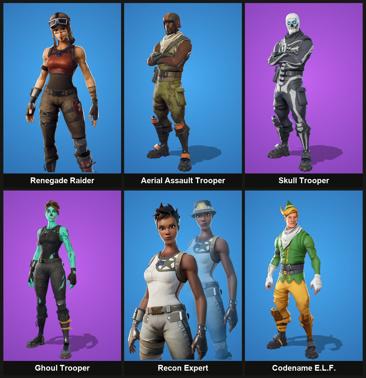 Six OG Fortnite skins that have returned: Renegade Raider, Aerial Assault Trooper, Skull Trooper, Ghoul Trooper, Recon Expert and Codename E.L.F.