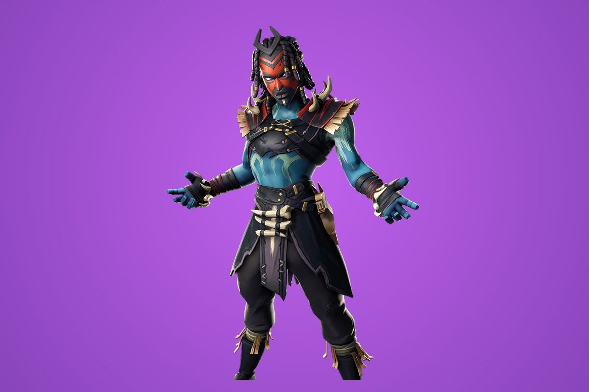 Shaman Fortnite skin in dark armour with glowing teal markings