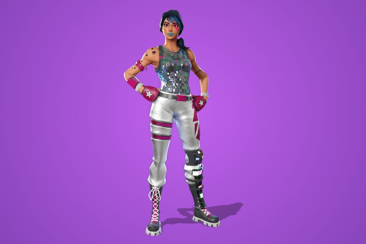 Sparkle Specialist Fortnite skin with a silver sequin top, white trousers and teal hair