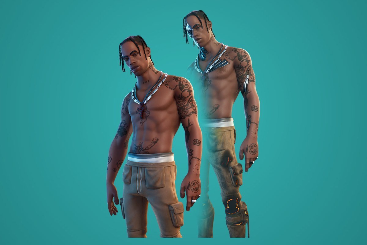 Travis Scott Fortnite skin shown in its default and T-3500 styles