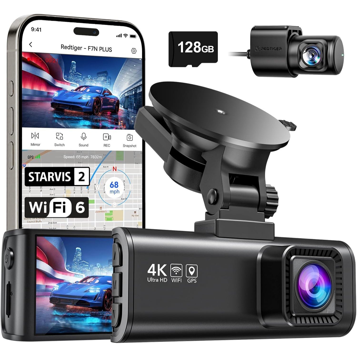 REDTIGER F7NP 4K front and rear dash cam with its 3.18-inch screen