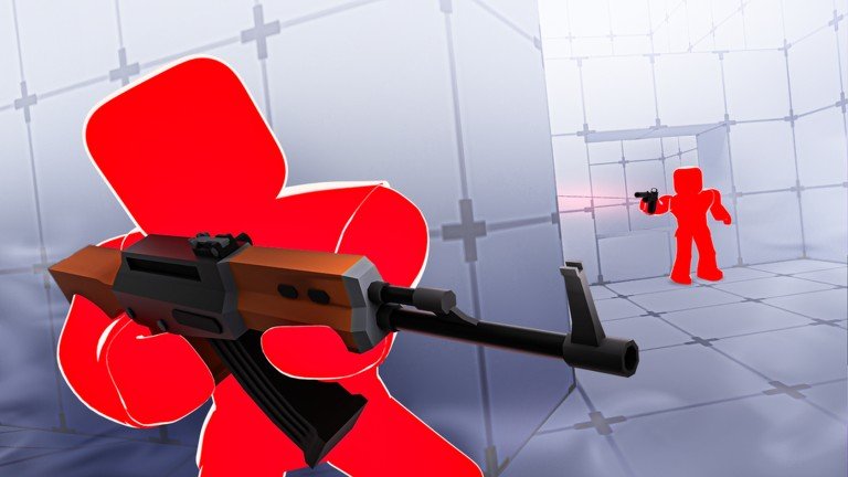 RIVALS Roblox artwork of a red player aiming an assault rifle in a white arena