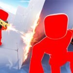 RIVALS Roblox artwork of a red player firing a golden rifle through a shattered white wall