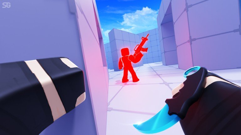RIVALS Roblox artwork of a first-person view holding a knife as an opponent fires in the distance