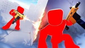 RIVALS Roblox artwork of a red player firing a golden rifle through a shattered white wall