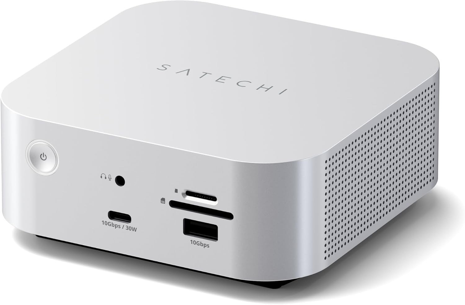 Satechi Thunderbolt 5 CubeDock, a square silver dock with front USB and SD card ports