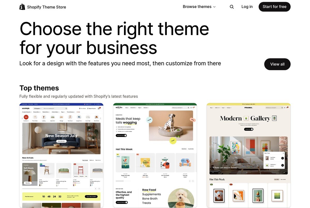 Shopify theme store showing free and paid ecommerce templates