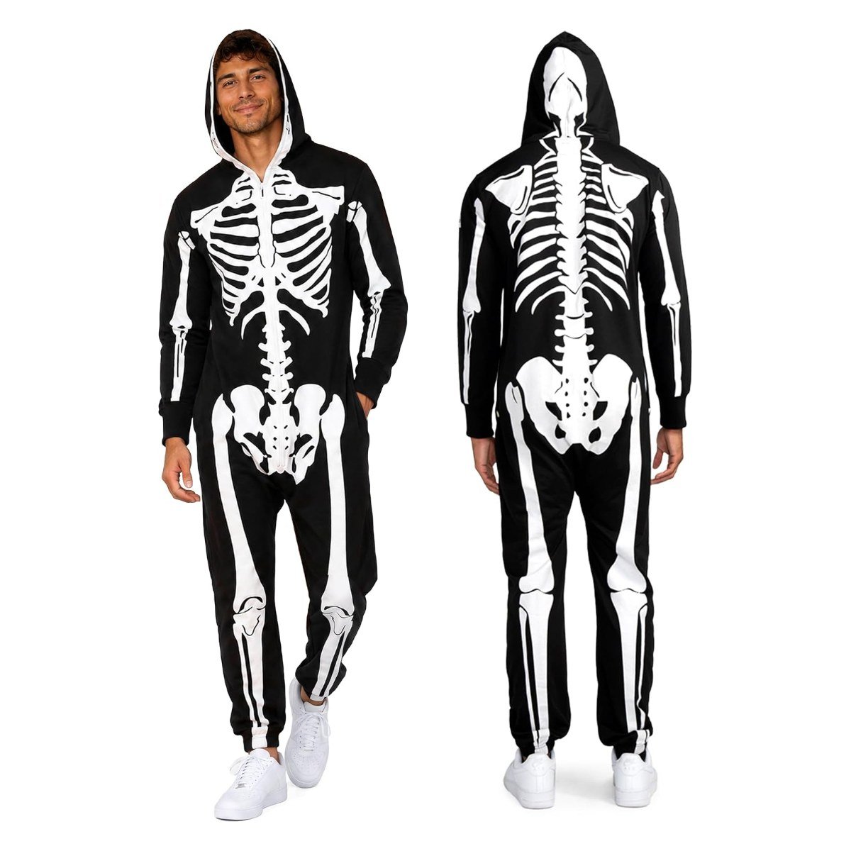 Tipsy Elves hooded skeleton costume jumpsuit, front and back