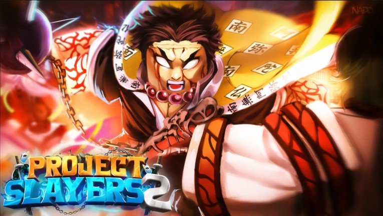 Project Slayers 2 artwork of a monk-like fighter with prayer beads and a chained flail surrounded by flames and paper talismans