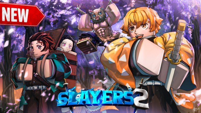 Slayers 2 key art of three Roblox demon slayers in a purple wisteria forest, one carrying a wooden box on his back