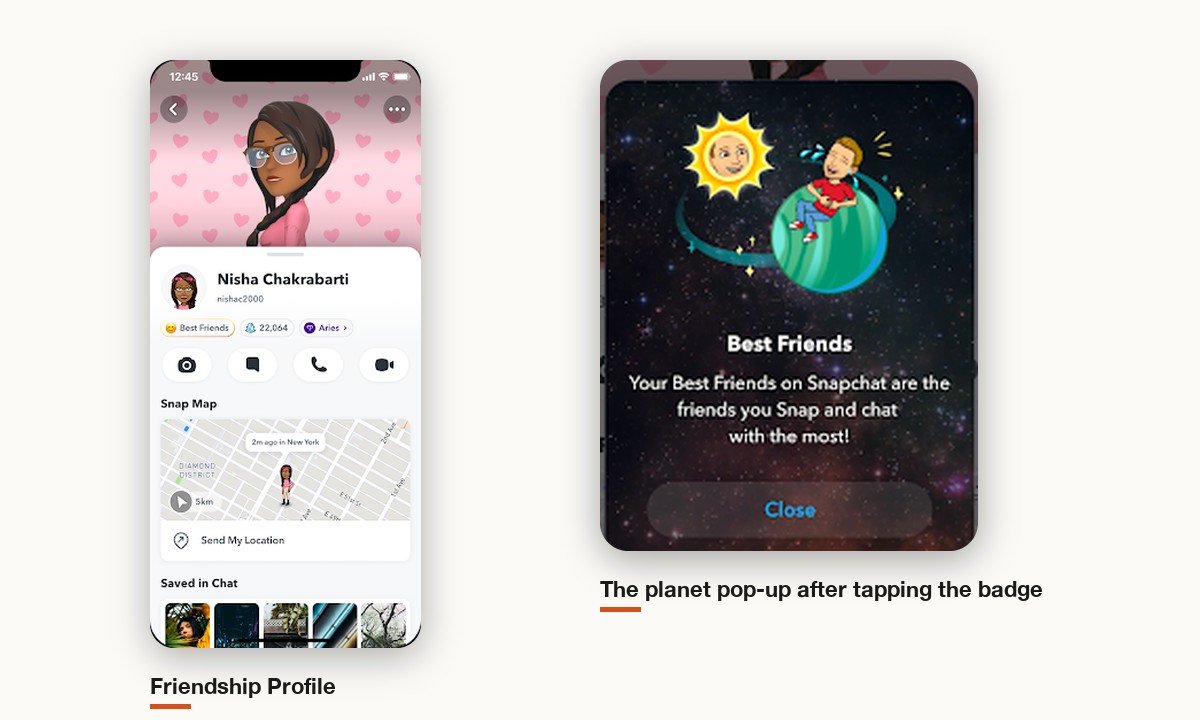 Snapchat Friendship Profile beside the Best Friends pop-up that shows which planet you are
