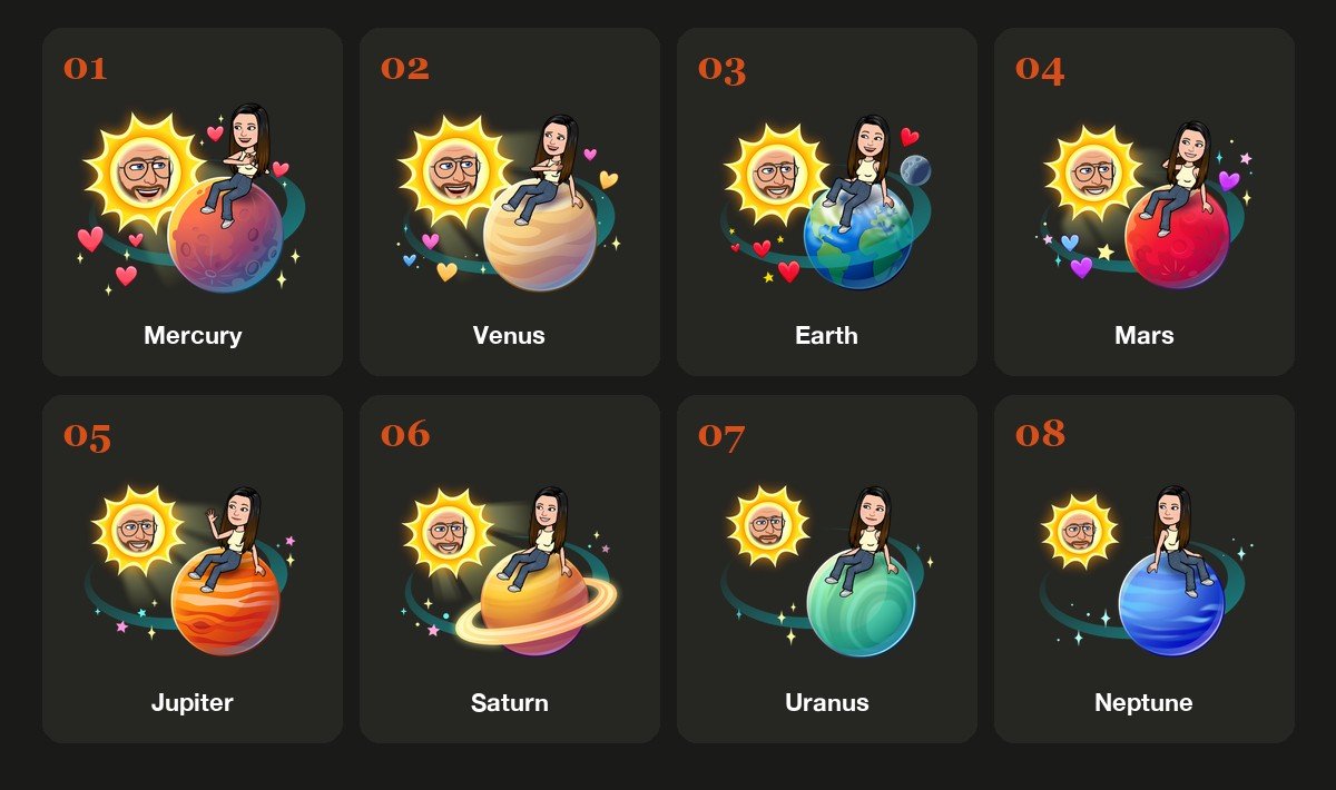 The eight Snapchat Solar System planets in order, from 01 Mercury to 08 Neptune