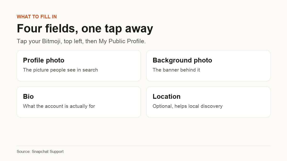 The four fields on a Snapchat Public Profile: profile photo, background photo, bio and location