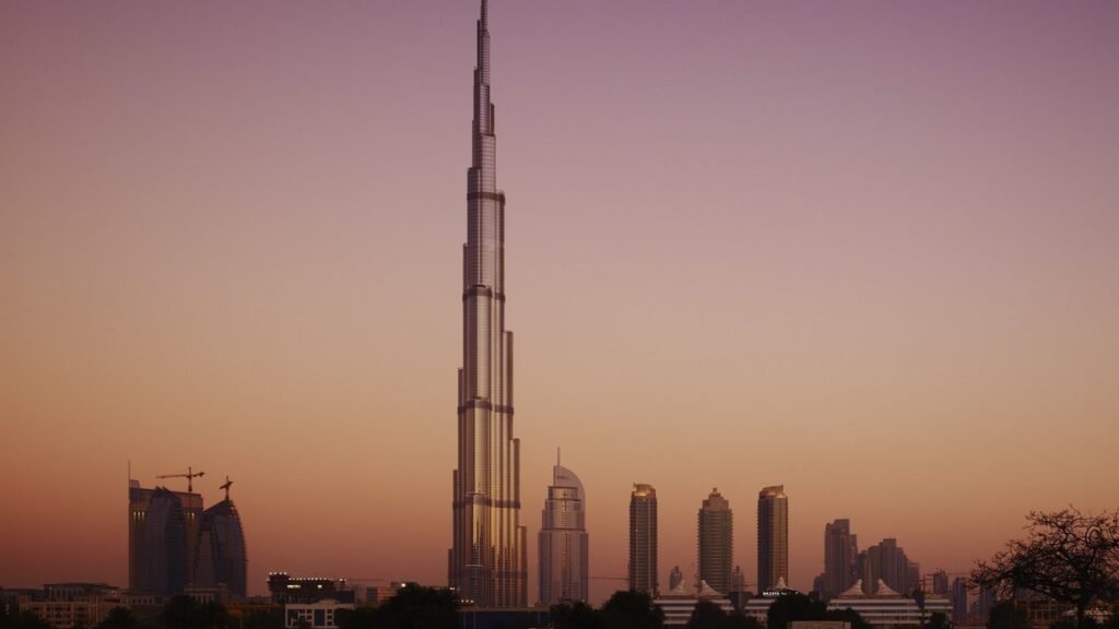 Burj Khalifa, the tallest building in the world, above the Dubai skyline at dusk
