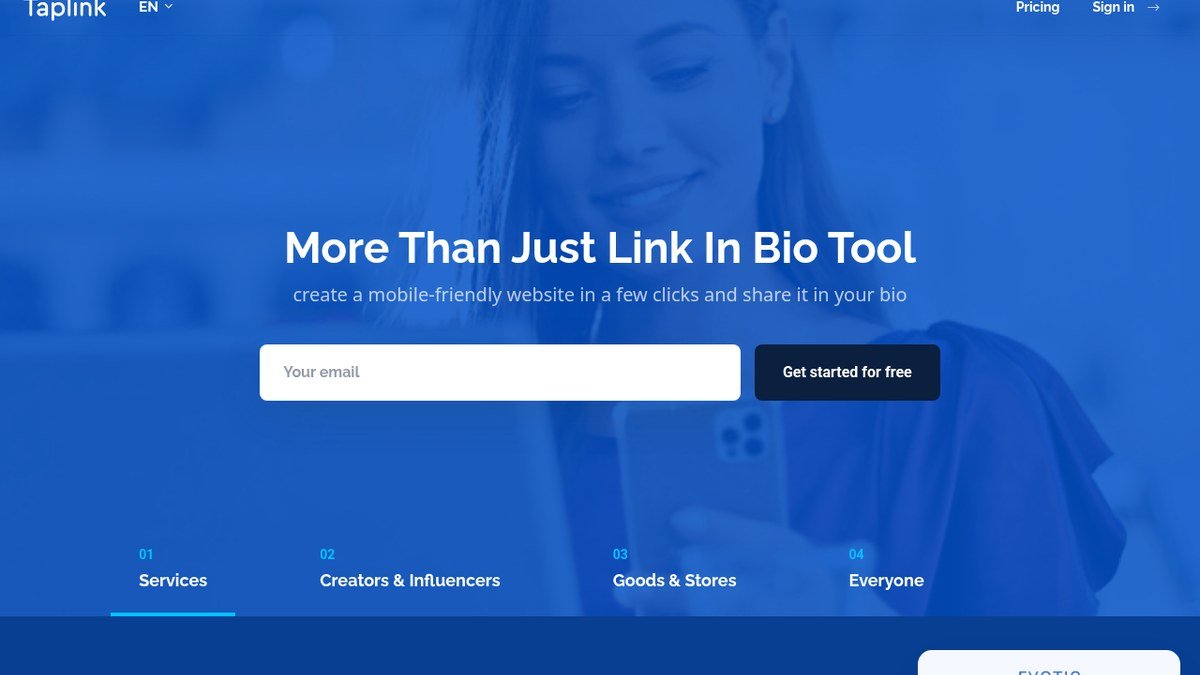 Taplink home page describing a link in bio tool with booking and payment blocks