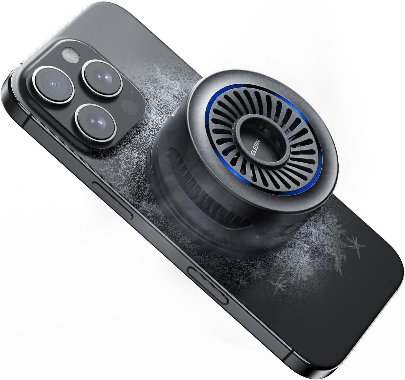 TELESIN Magnetic Phone Cooler Pro attached to the back of an iPhone