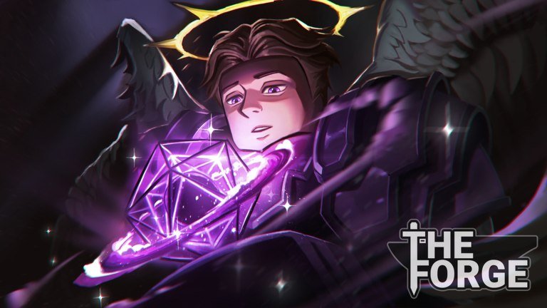 The Forge artwork of a winged, haloed character holding a glowing purple crystal